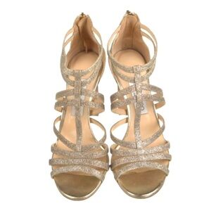 Jimmy Choo Strappy Glitter High Heels in Gold